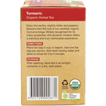 Right side of a Planet Organic Turmeric Herbal Tea box showing product benefits and a "Caffeine Free" label.
