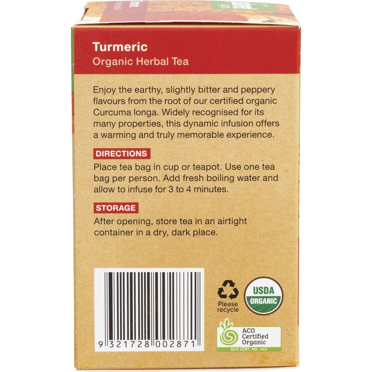 Right side of a Planet Organic Turmeric Herbal Tea box showing product benefits and a "Caffeine Free" label.