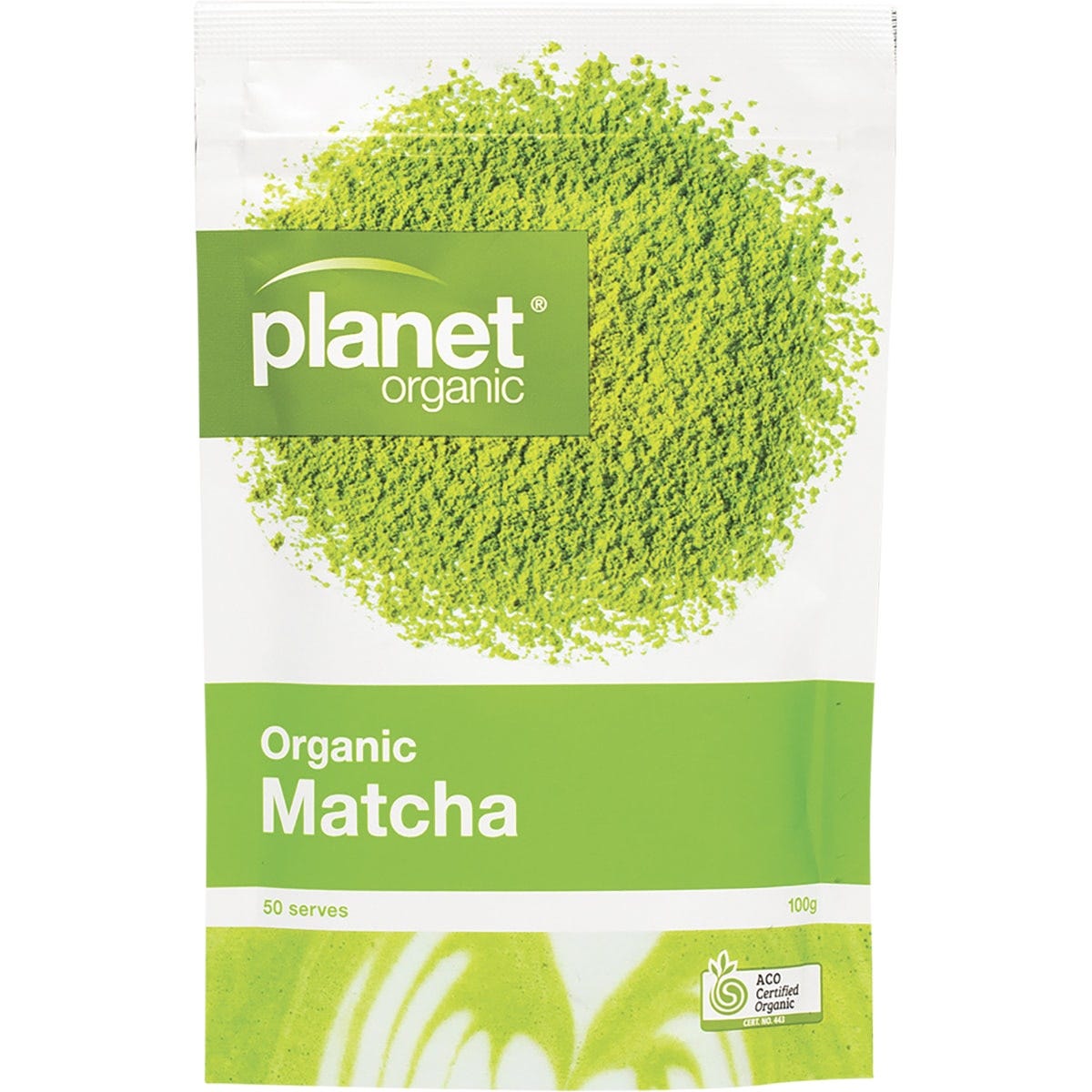 100g pouch of Planet Organic Matcha Green Tea Powder featuring a bright green label with a white leaf illustration.