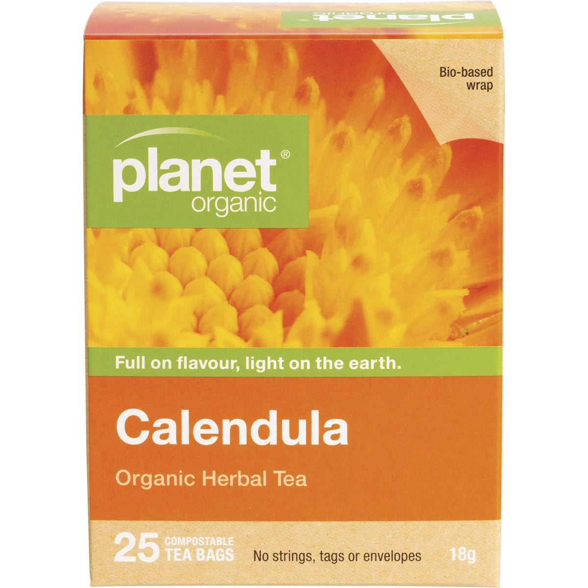 Planet Organic Calendula Herbal Tea box with 25 tea bags, featuring orange flowers on a white and yellow package.