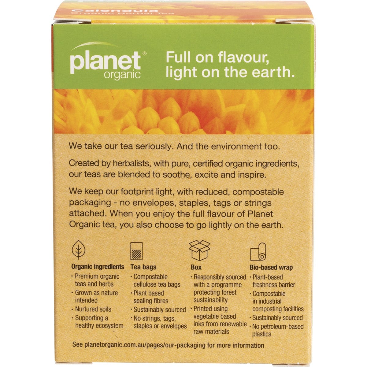 Back of Planet Organic Calendula Tea box with product description, directions, and organic certification logos.