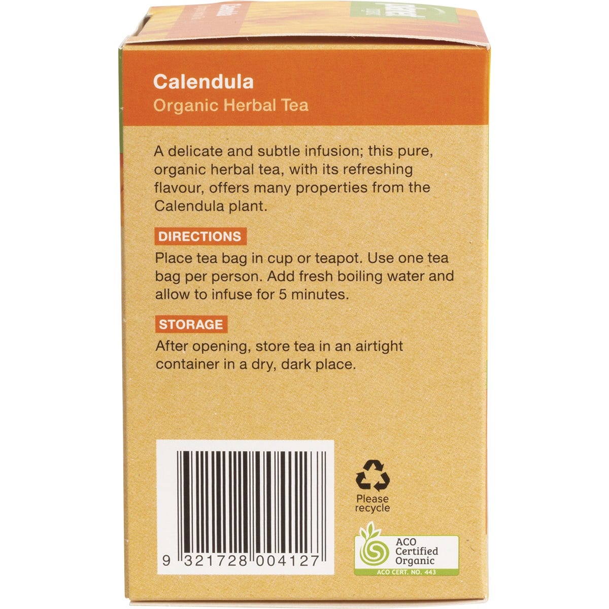 Side view of Planet Organic Calendula tea box showing key benefits, "Caffeine Free," and "Australian Made" logos.