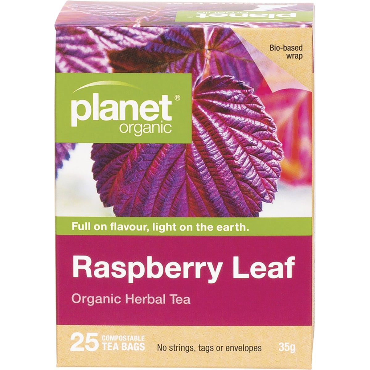 Box of 25 Planet Organic Raspberry Leaf herbal tea bags with a pink label and green plant illustrations.