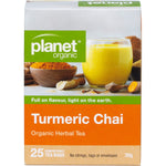 Planet Organic Turmeric Chai Herbal Tea box with 25 tea bags, featuring organic spices and earthy turmeric.