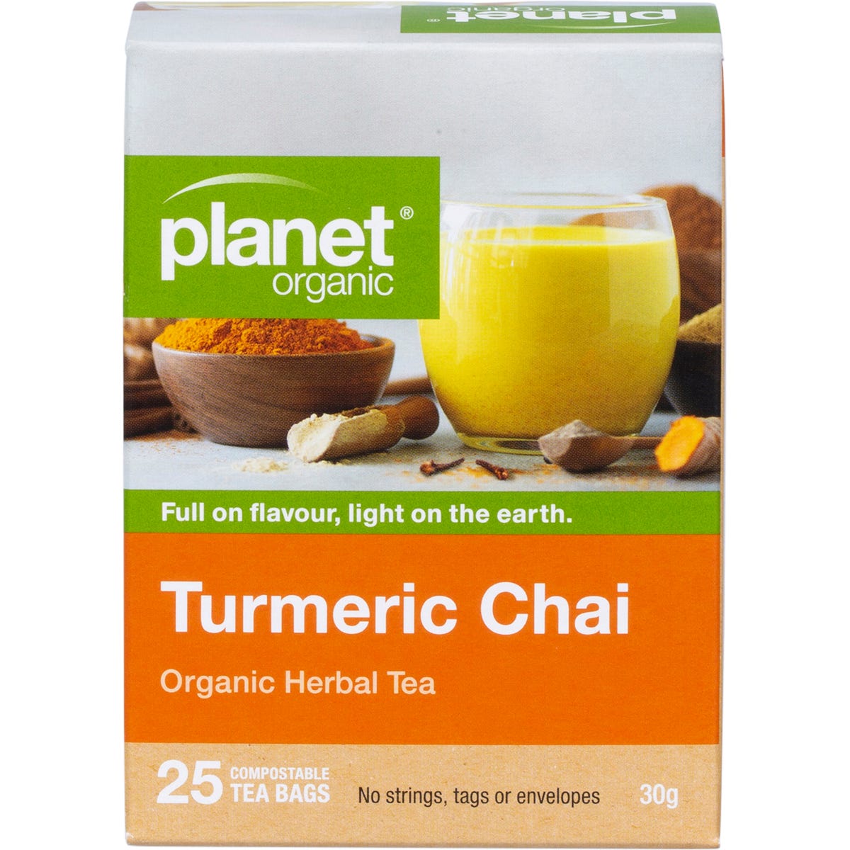 Planet Organic Turmeric Chai Herbal Tea box with 25 tea bags, featuring organic spices and earthy turmeric.