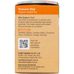Side view of a Planet Organic Turmeric Chai Tea box featuring 25 tea bags with organic spices and turmeric.