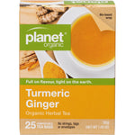 Box of 25 Planet Organic Turmeric Ginger herbal tea bags featuring a vibrant yellow and orange spice design.