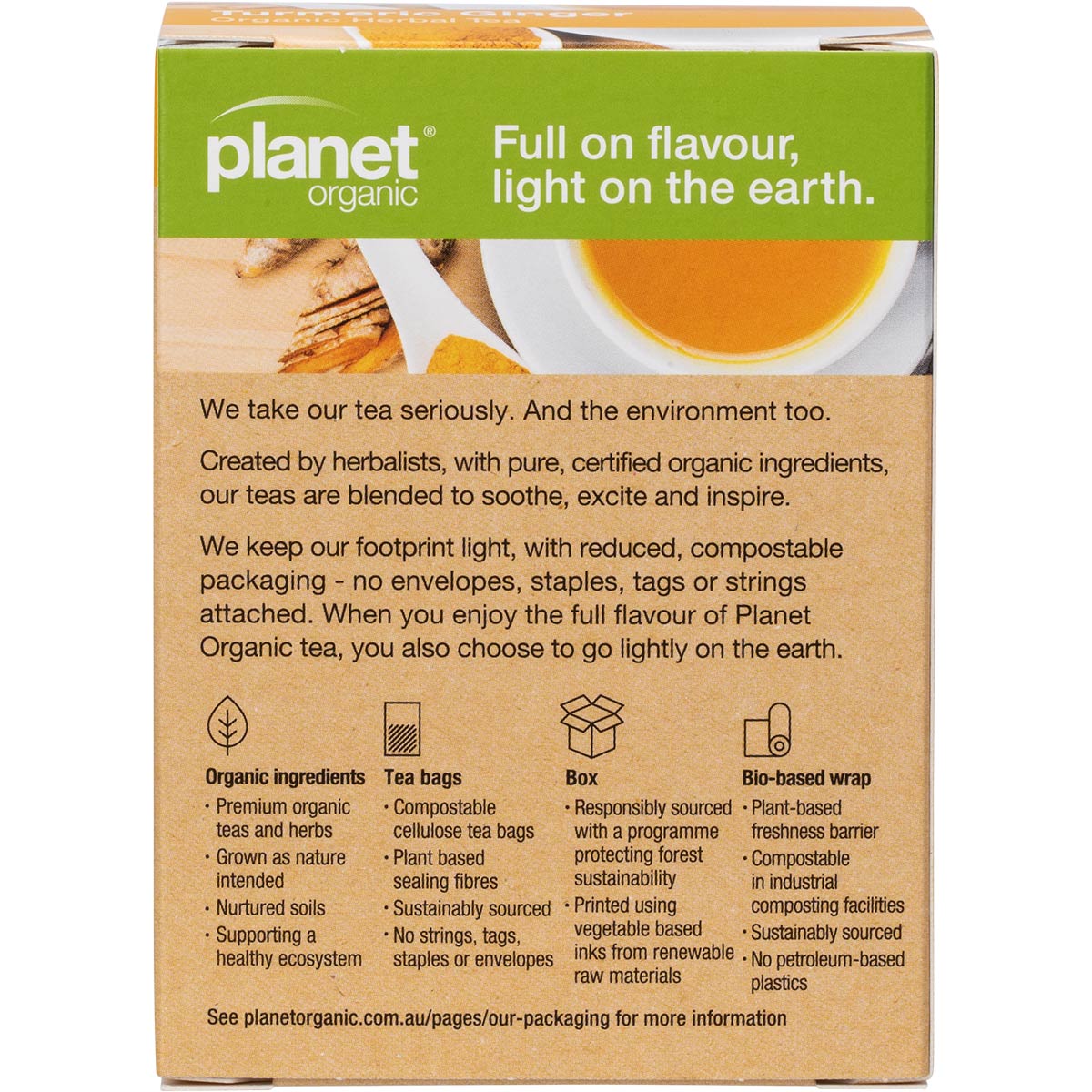 Back of Planet Organic Turmeric Ginger tea box with nutritional facts and organic certification.
