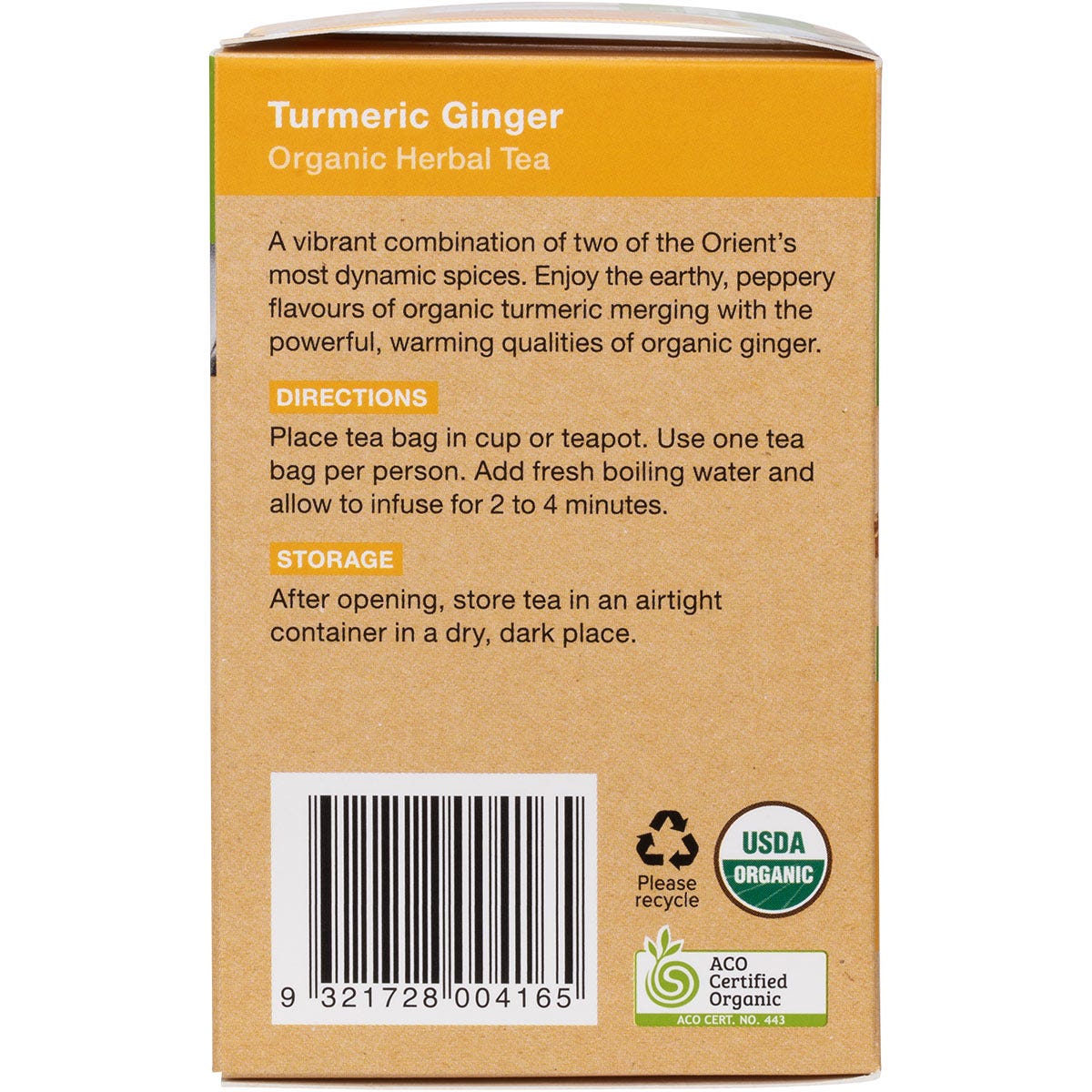 Side view of Planet Organic Turmeric Ginger tea box highlighting product benefits and organic certification.