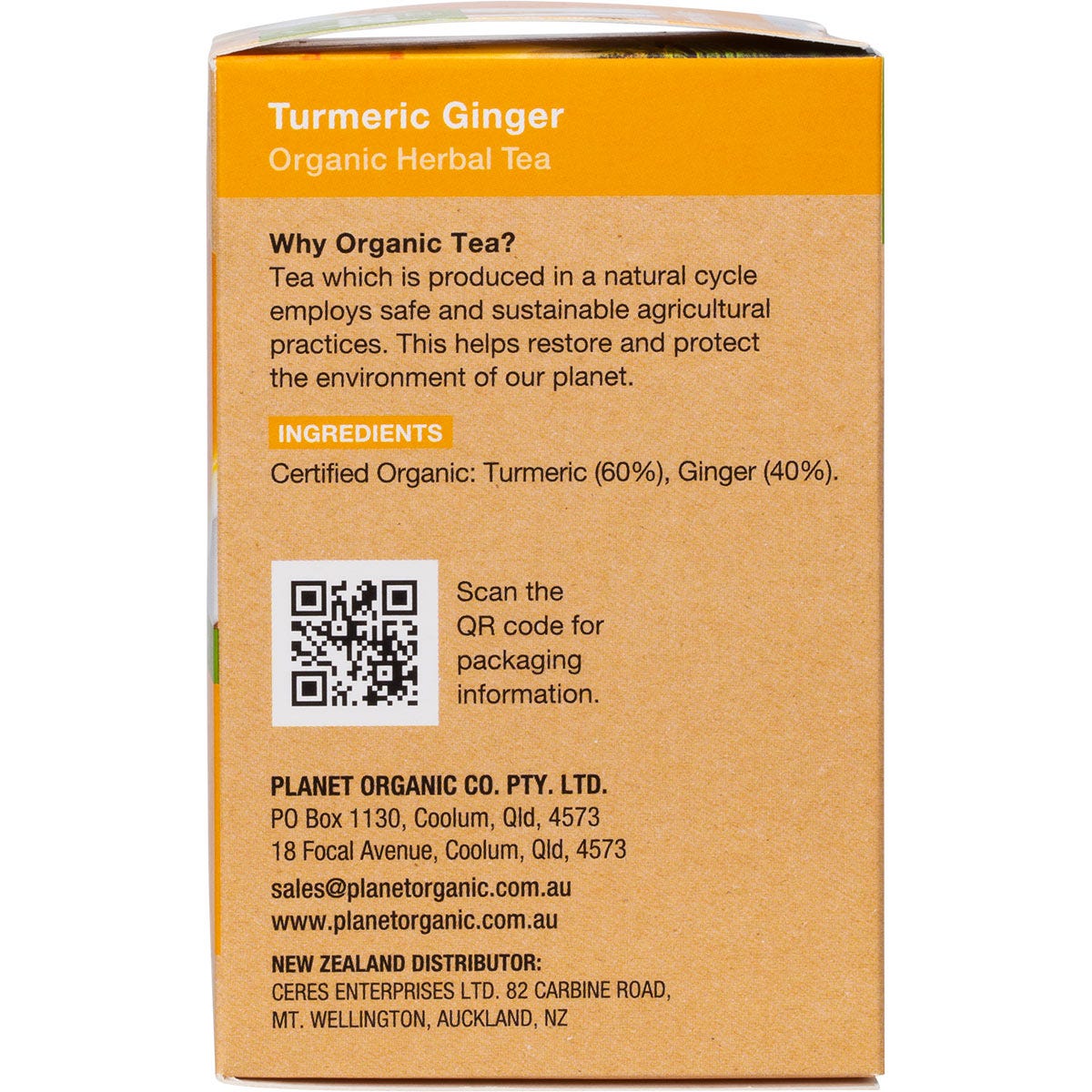 Right side of Planet Organic Turmeric Ginger tea box showing ingredients, brewing tips, and Australian made logo.