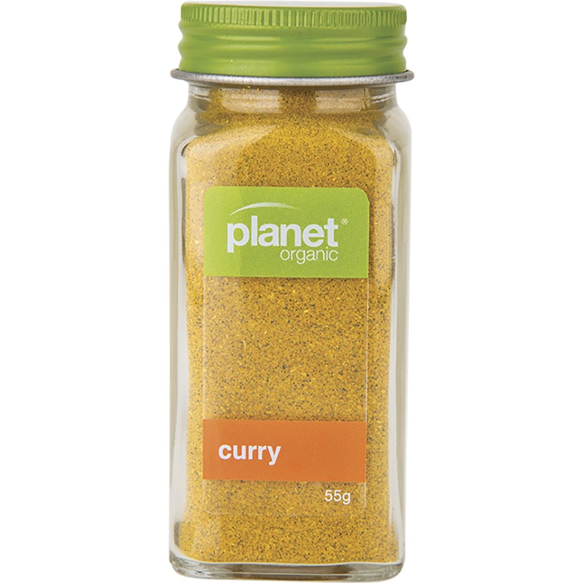 55g jar of Planet Organic Curry Powder with a yellow label and botanical spice illustrations.