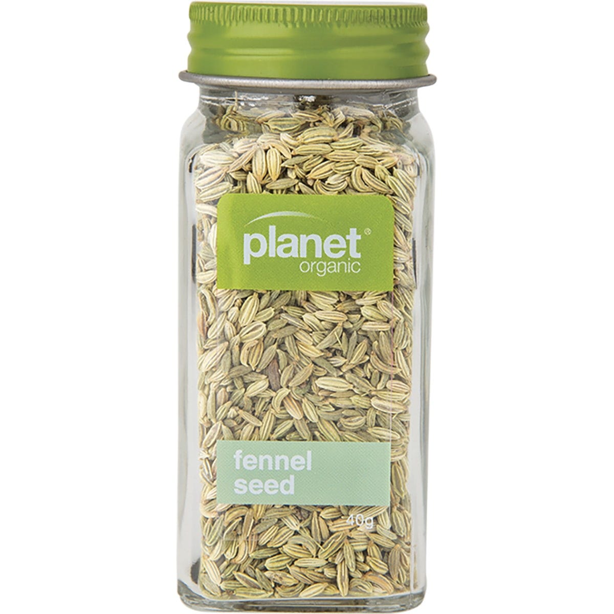 40g glass shaker of Planet Organic Fennel Seed with a green label and white cap on a white background.