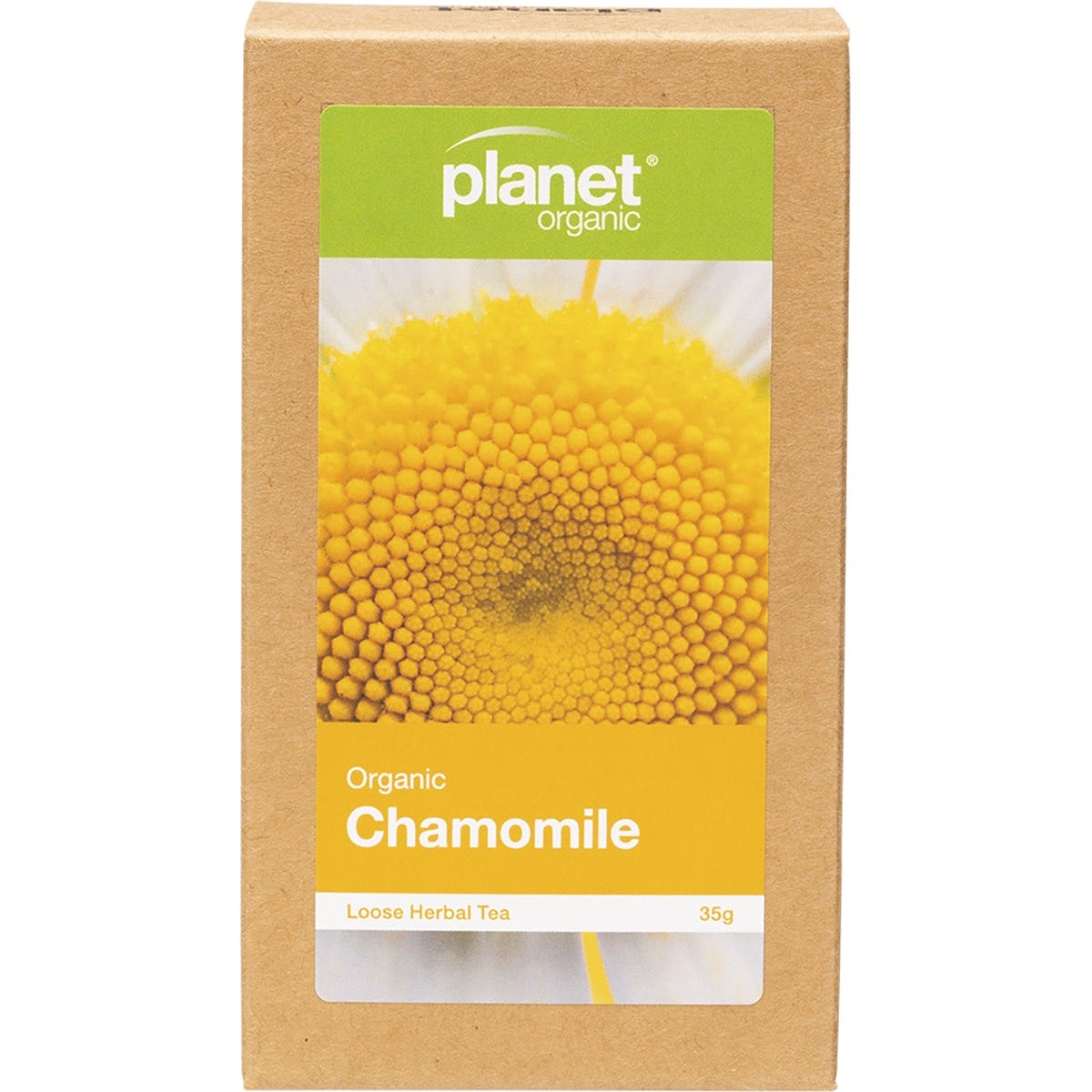 35g bag of Planet Organic Chamomile Herbal Loose Leaf Tea featuring yellow chamomile flower illustrations.