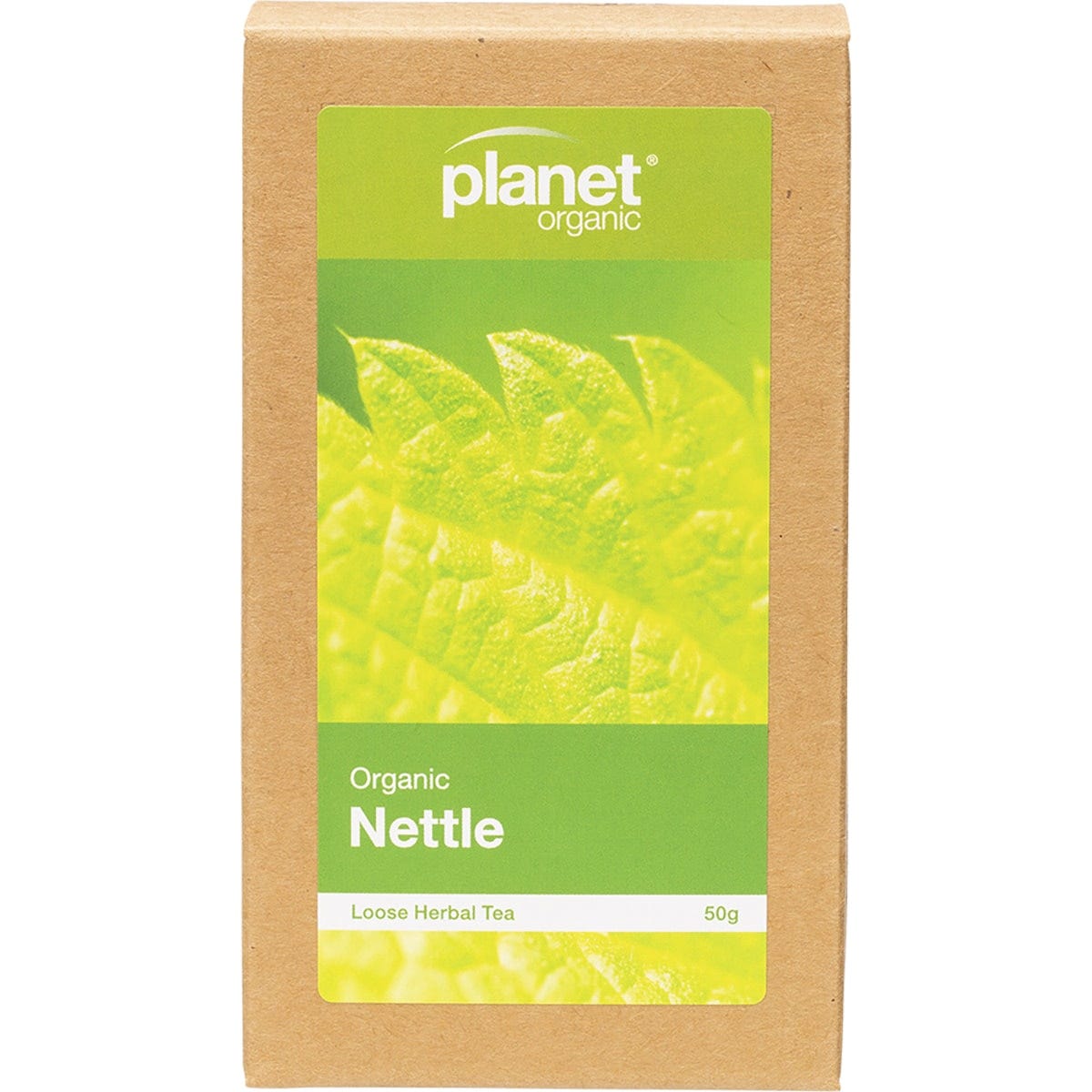 Planet Organic Nettle Herbal Loose Leaf Tea 50g box featuring green nettle leaves and organic certification logos.