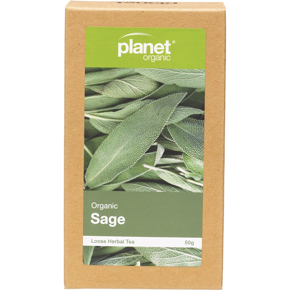 50g box of Planet Organic Sage Herbal Loose Leaf Tea featuring a green label with sage leaf illustrations.
