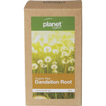 100g box of Planet Organic Raw Dandelion Root Herbal Loose Leaf Tea with botanical illustrations on a white background.