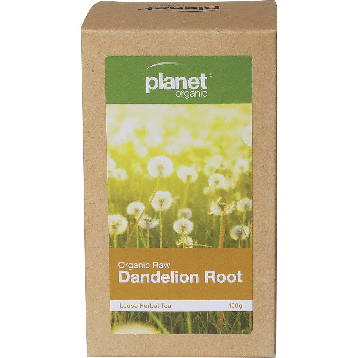 100g box of Planet Organic Raw Dandelion Root Herbal Loose Leaf Tea with botanical illustrations on a white background.