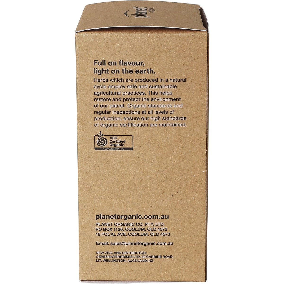 Side view of a Planet Organic Raw Dandelion Root Tea box showing product benefits and a certified organic logo.
