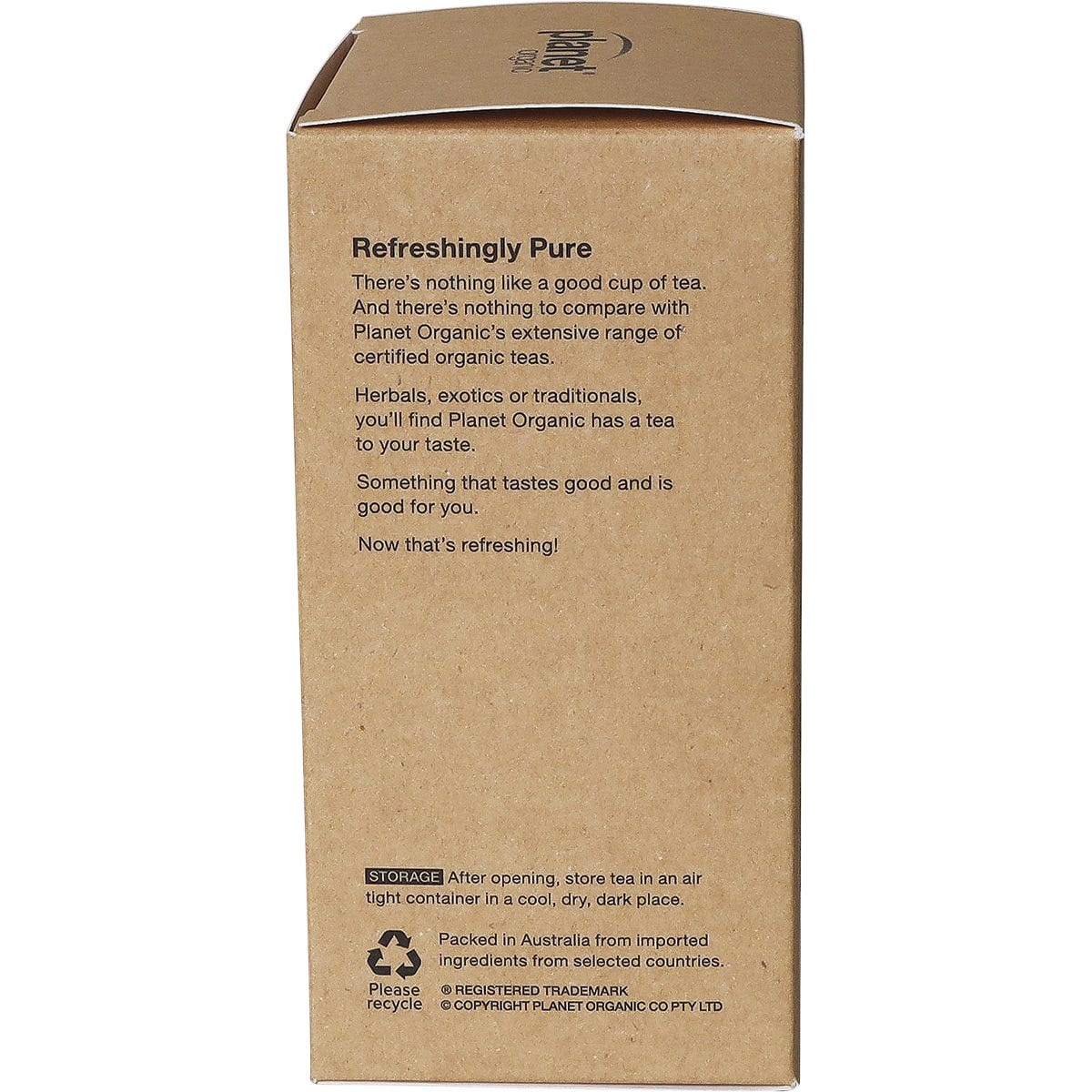 Right side of Planet Organic Raw Dandelion Root Tea box showing quality, ethical sourcing, and organic certifications.