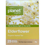 Planet Organic Elderflower Herbal Tea 25 pack box featuring white elderflowers and green leaves on a light background.