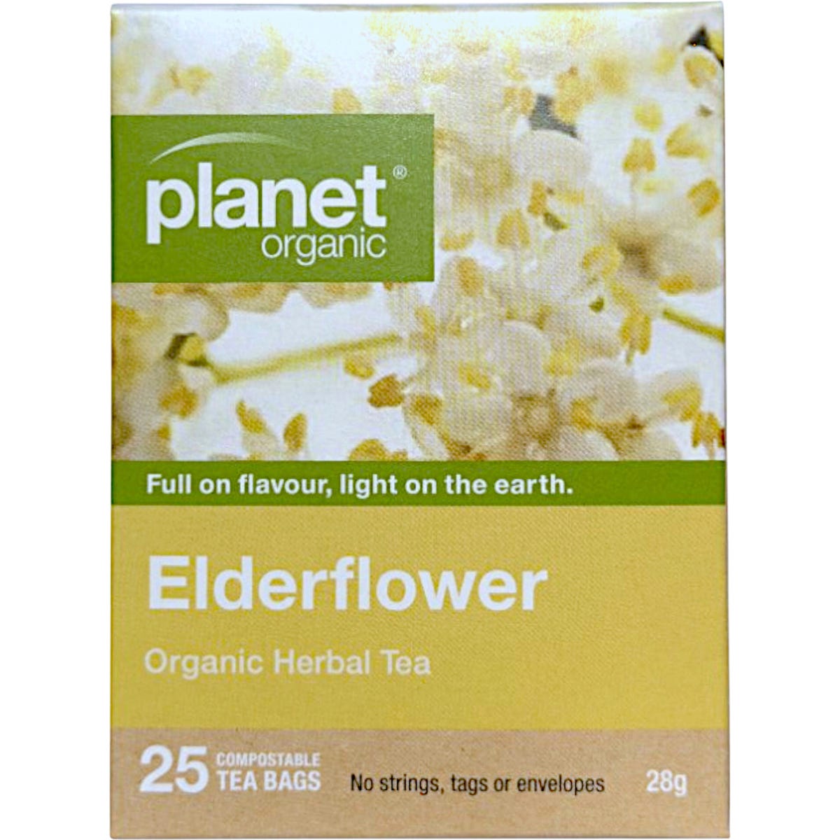 Planet Organic Elderflower Herbal Tea 25 pack box featuring white elderflowers and green leaves on a light background.