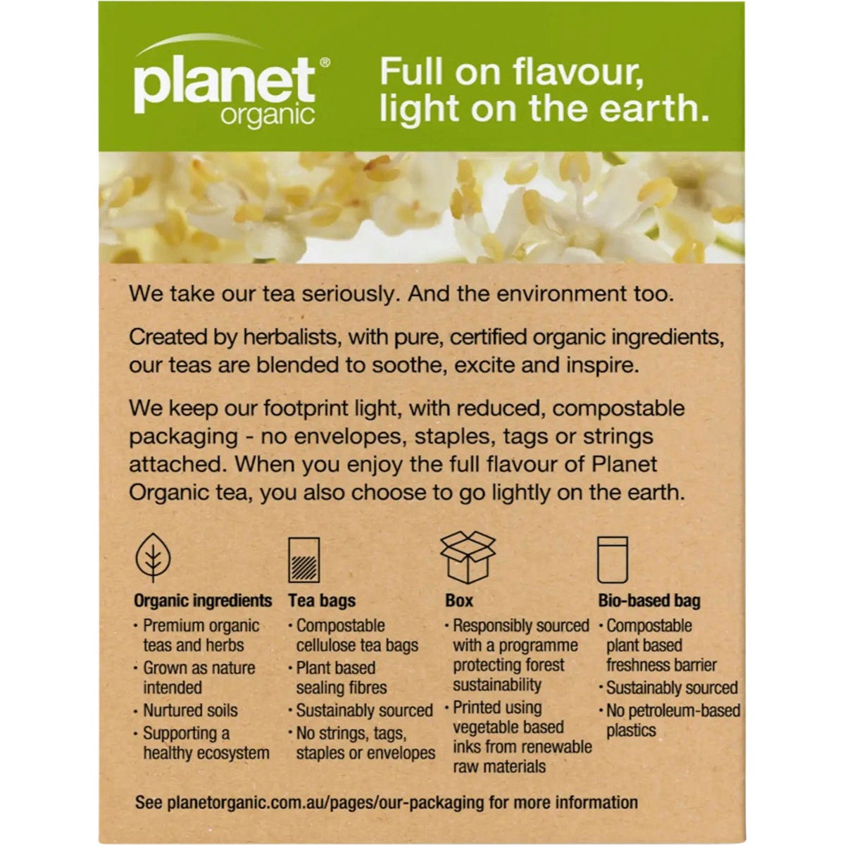 Back of Planet Organic Elderflower tea box with product description, brewing directions, and certified organic logo.