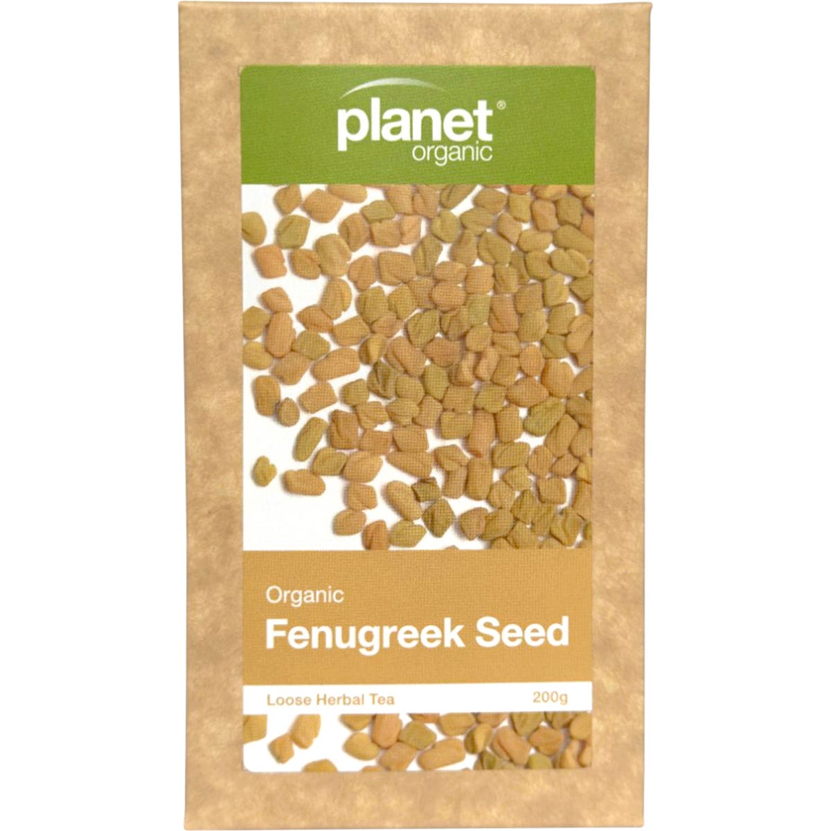 A 200g bag of Planet Organic Fenugreek Seed Herbal Loose Tea on a white background.