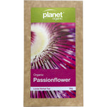 Planet Organic Passionflower Herbal Loose Leaf Tea 50g bag with purple passionflower illustrations.