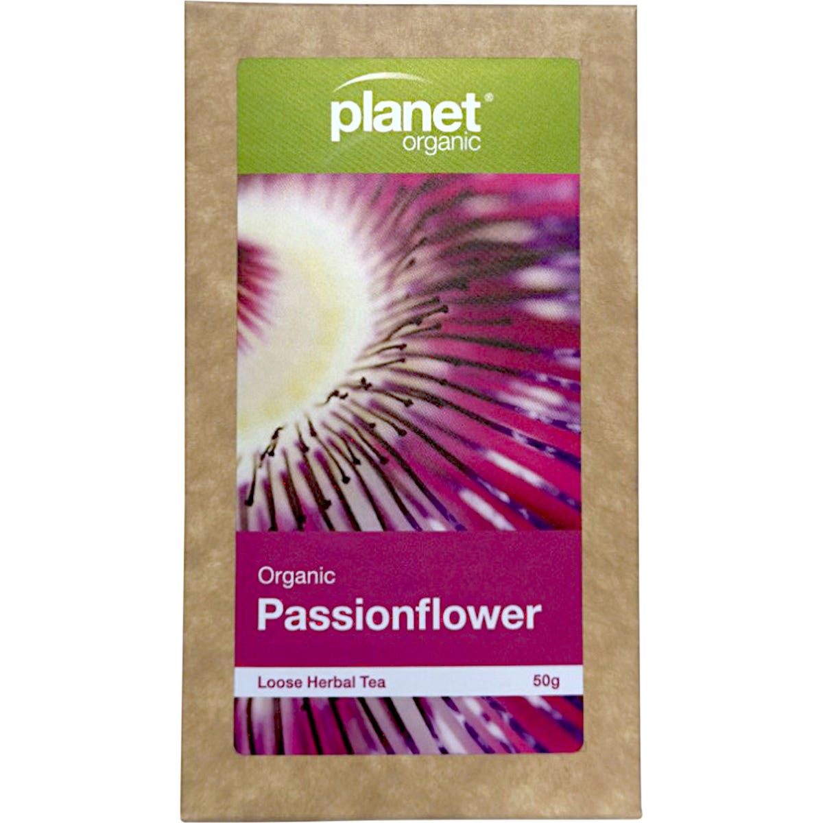 Planet Organic Passionflower Herbal Loose Leaf Tea 50g bag with purple passionflower illustrations.