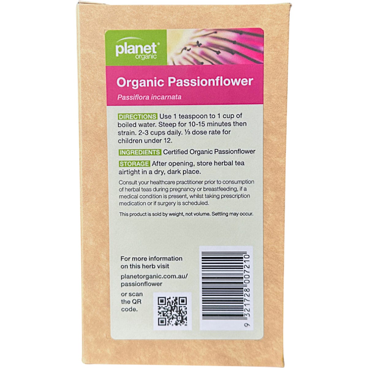 Back of Planet Organic Passionflower Loose Leaf Tea 50g bag showing product information and organic certification.
