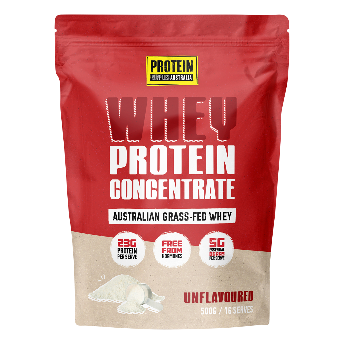 500g bag of Protein Supplies Australia WPC Whey Protein Concentrate Unflavoured on a white background.