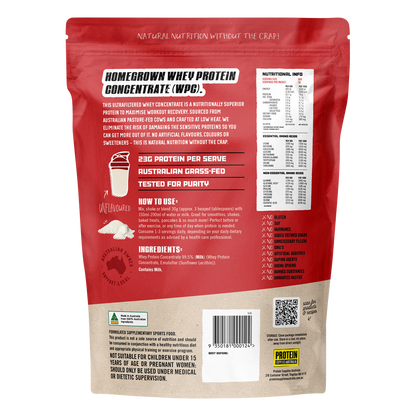 Back of a 500g bag of Protein Supplies Australia Unflavoured WPC showing nutritional facts and ingredients.