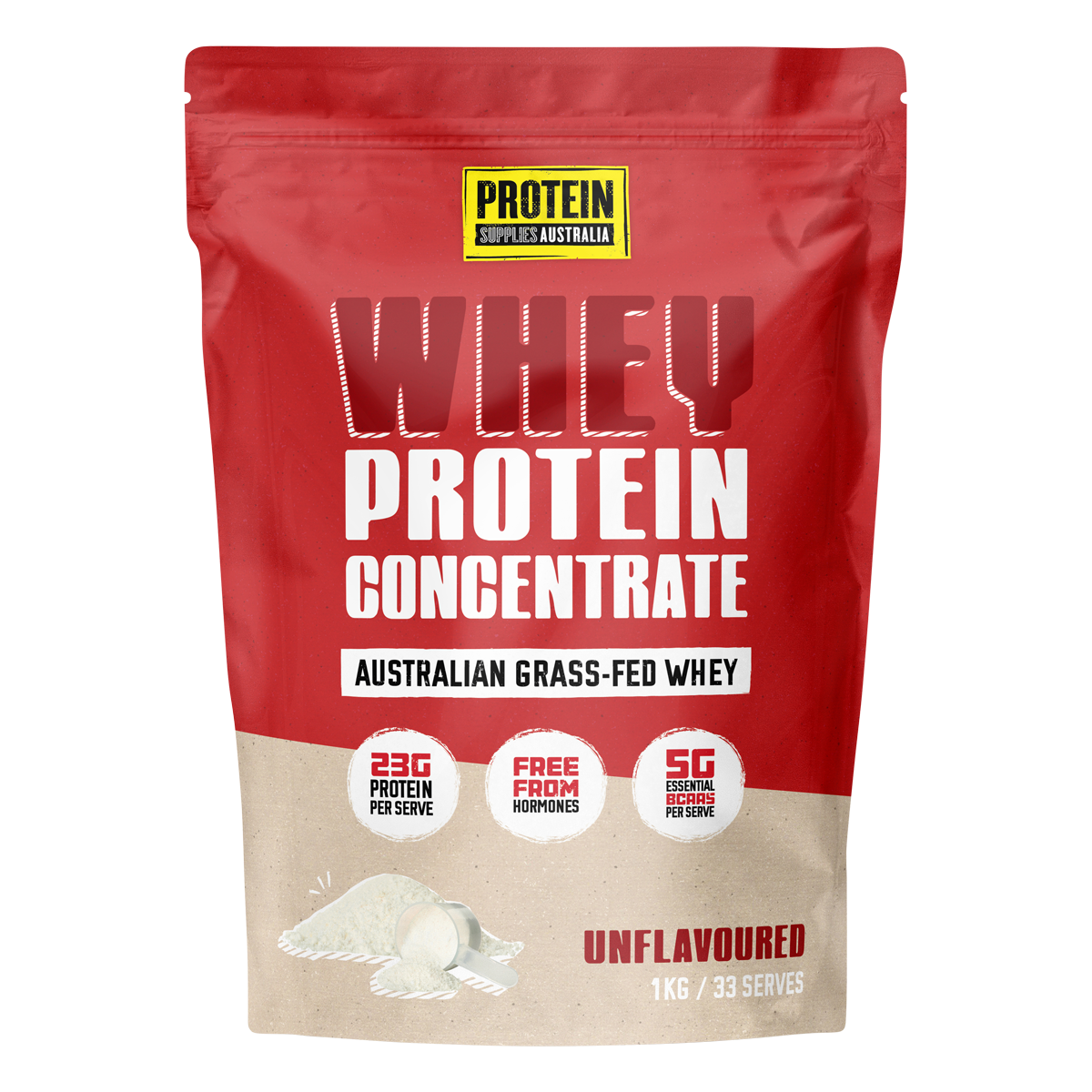 1kg bag of Protein Supplies Australia WPC Whey Protein Concentrate Unflavoured on a white background.