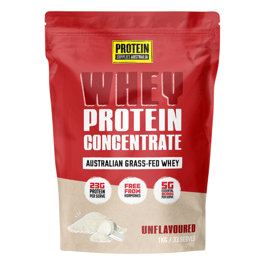 1kg bag of Protein Supplies Australia WPC Whey Protein Concentrate Unflavoured on a white background.