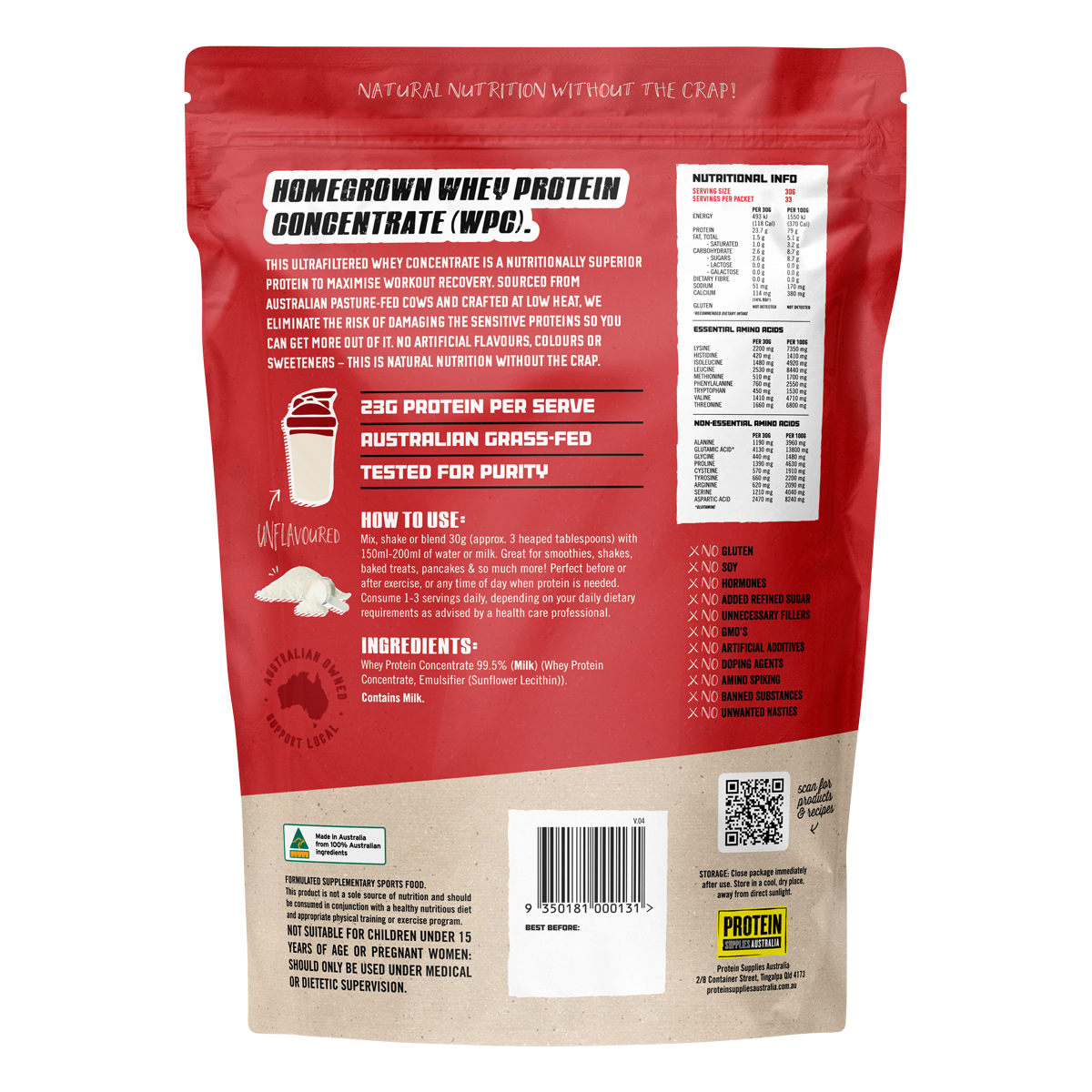 Back of 1kg Protein Supplies Australia WPC bag showing nutritional panel, ingredients, and directions for use.