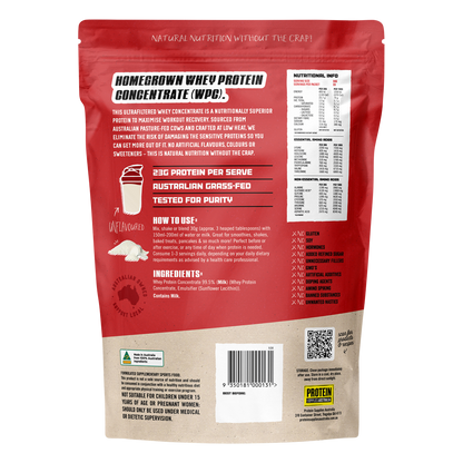 Back of 1kg Protein Supplies Australia WPC bag showing nutritional panel, ingredients, and directions for use.