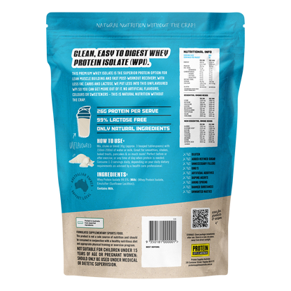 Back of Protein Supplies Australia 500g WPI Unflavoured bag showing nutritional information and directions.