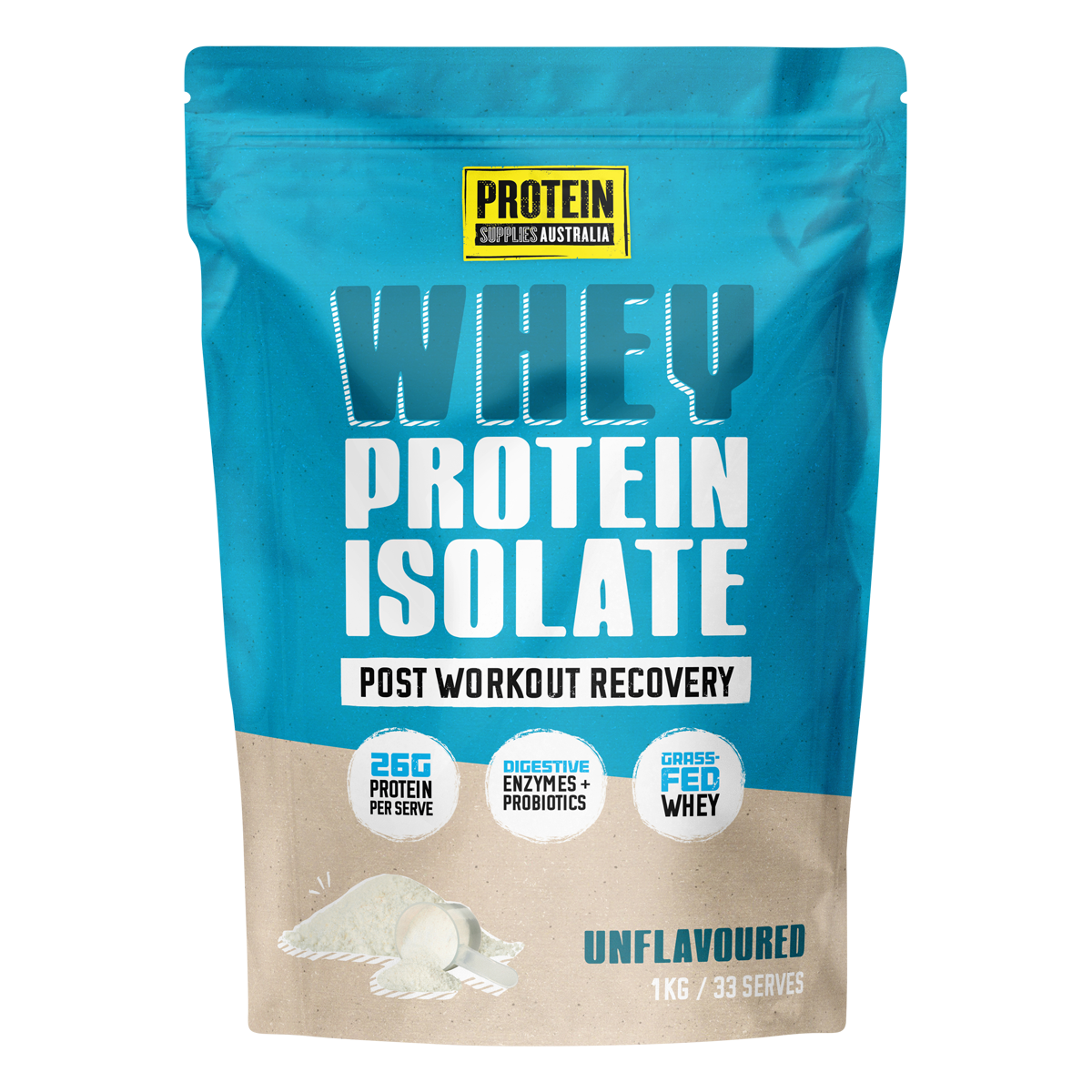 1kg bag of Protein Supplies Australia Unflavoured WPI Whey Protein Isolate on a white background.
