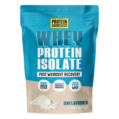 1kg bag of Protein Supplies Australia Unflavoured WPI Whey Protein Isolate on a white background.