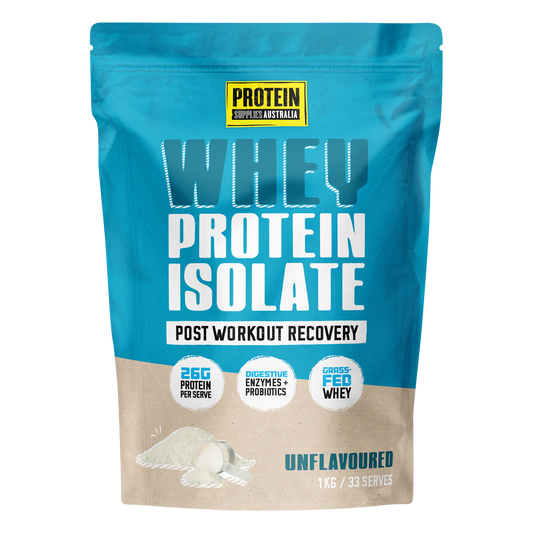 1kg bag of Protein Supplies Australia Unflavoured WPI Whey Protein Isolate on a white background.