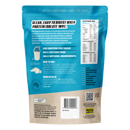 Back of Protein Supplies Australia 1kg Unflavoured WPI bag showing nutrition facts and ingredients.