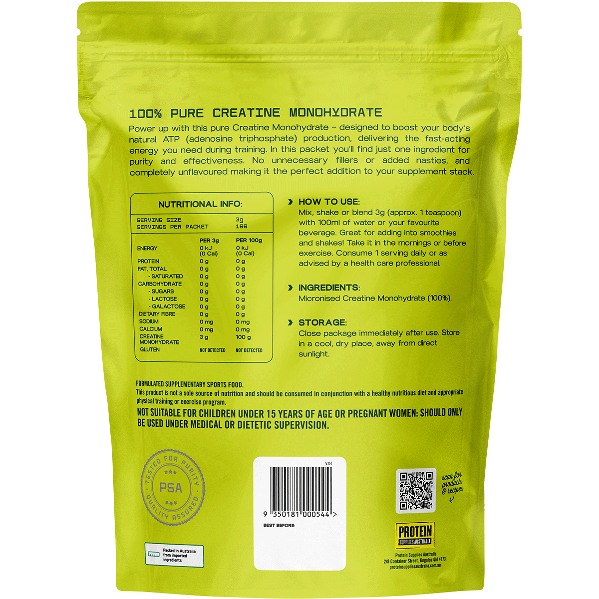 Back of a 500g tub of Protein Supplies Australia Creatine Monohydrate with nutritional and ingredient information.