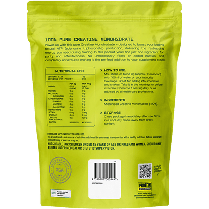 Back of a 500g tub of Protein Supplies Australia Creatine Monohydrate with nutritional and ingredient information.