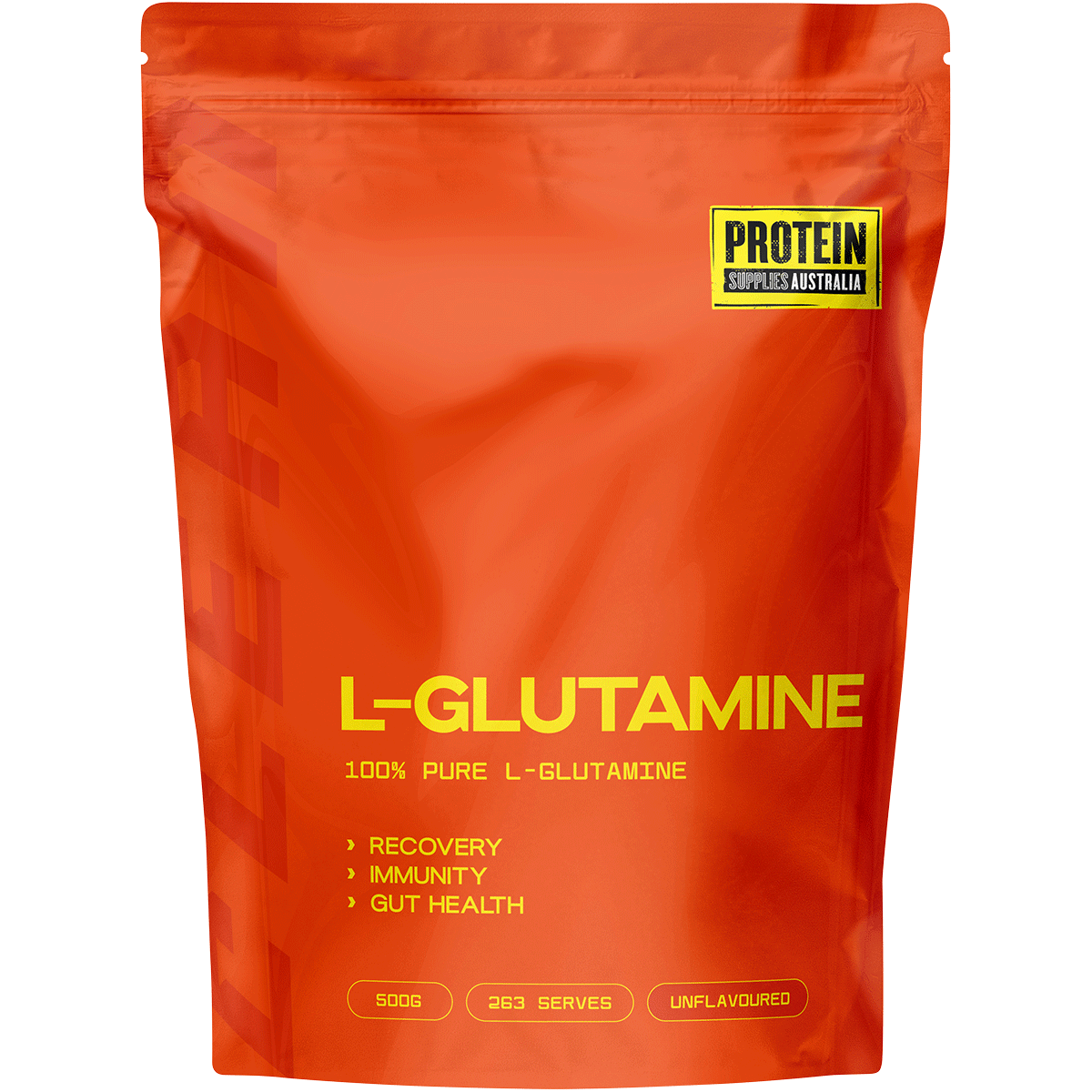 500g tub of Protein Supplies Australia L-Glutamine Pure, a plant-based pharmaceutical grade amino acid supplement.