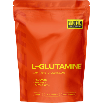 500g tub of Protein Supplies Australia L-Glutamine Pure, a plant-based pharmaceutical grade amino acid supplement.