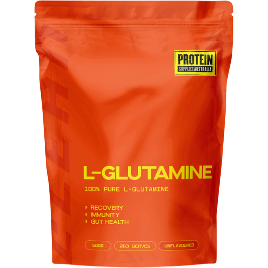 500g tub of Protein Supplies Australia L-Glutamine Pure, a plant-based pharmaceutical grade amino acid supplement.