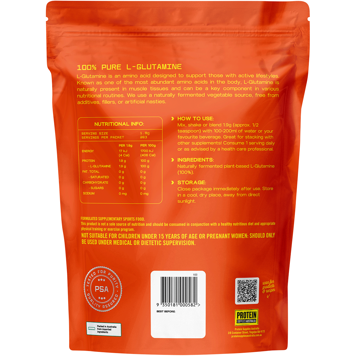 Back of a 500g tub of Protein Supplies Australia L-Glutamine Pure showing nutritional info and directions.