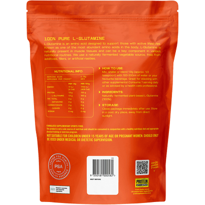 Back of a 500g tub of Protein Supplies Australia L-Glutamine Pure showing nutritional info and directions.
