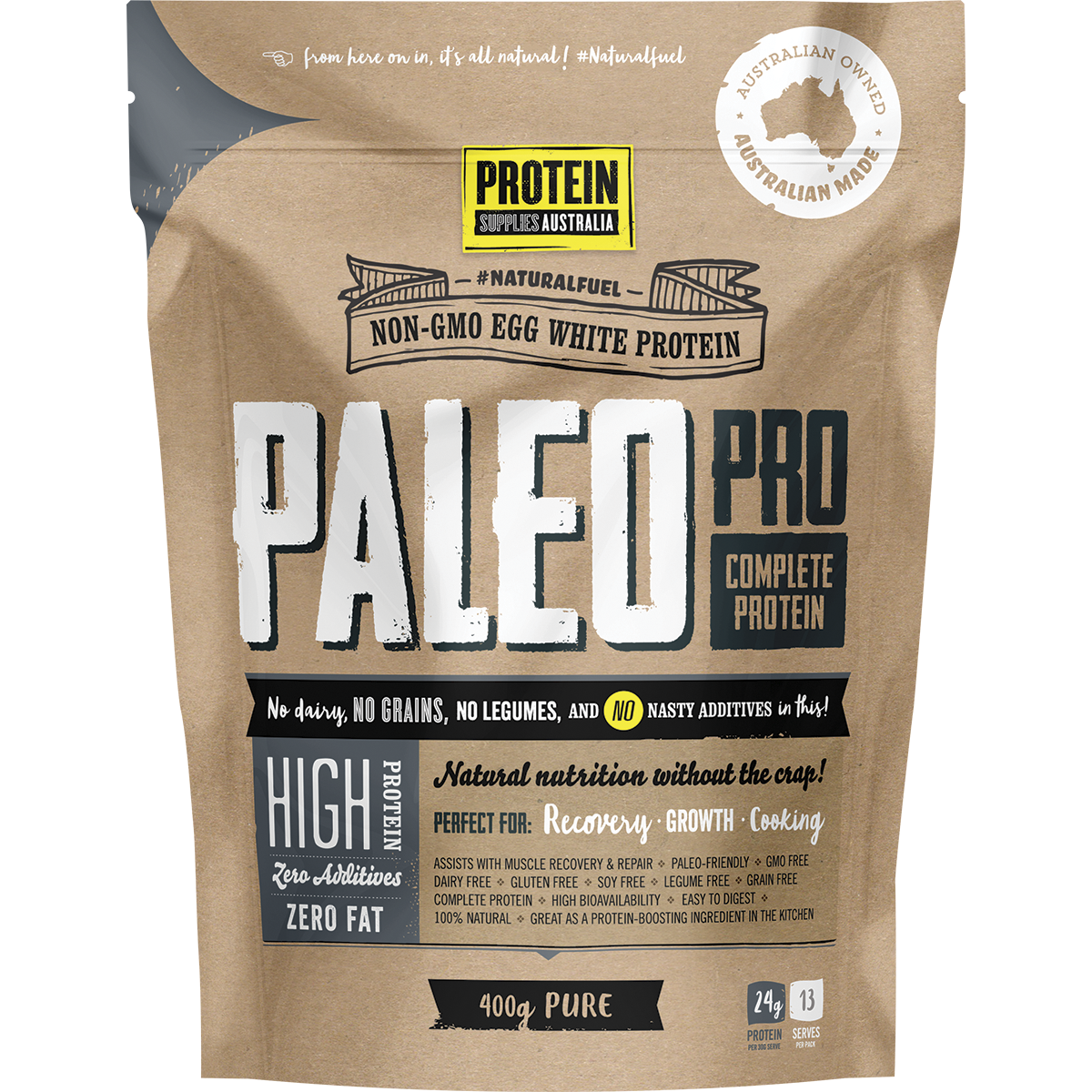 400g tub of Protein Supplies Australia PaleoPro Egg White Protein Pure on a white background.
