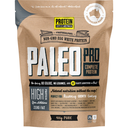 400g tub of Protein Supplies Australia PaleoPro Egg White Protein Pure on a white background.